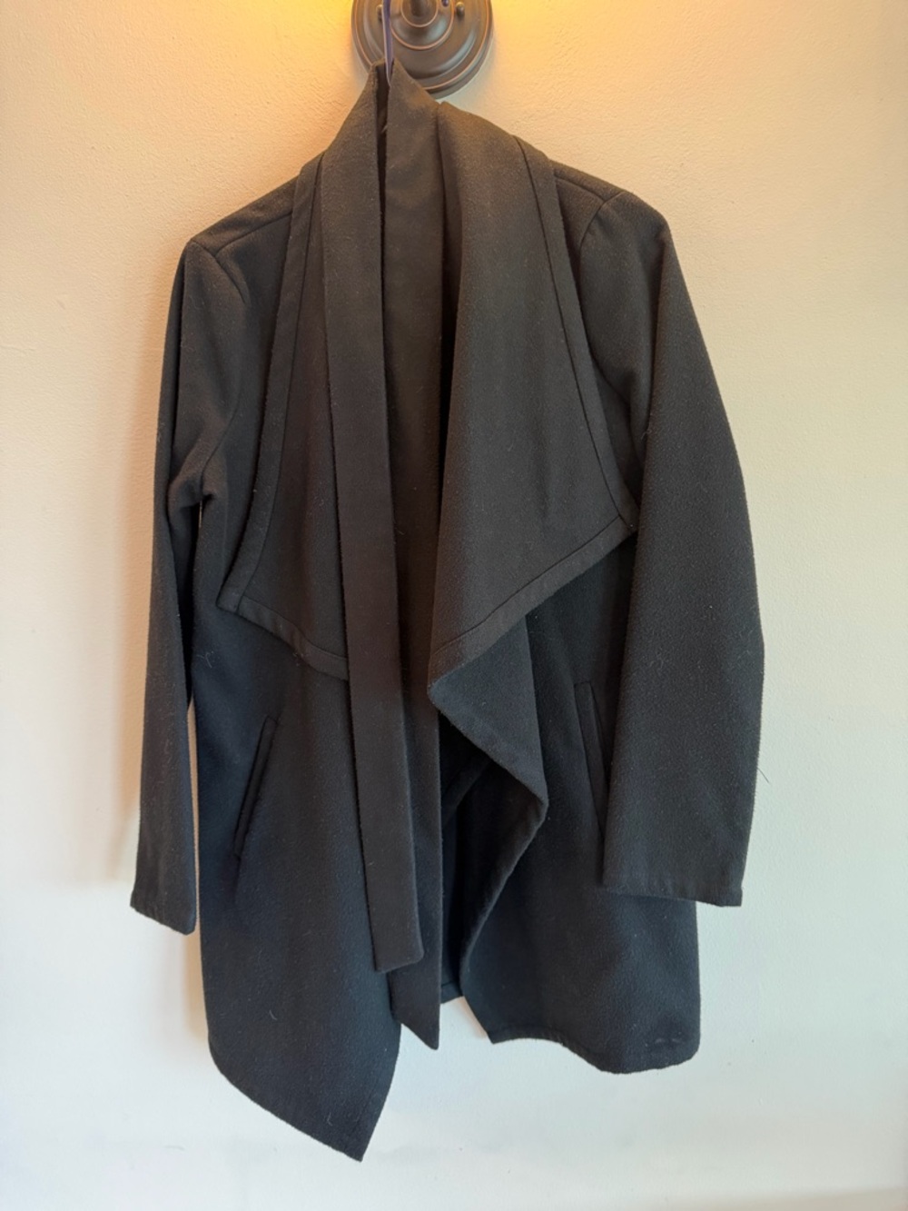 NUDE Black Draped Waterfall Collar Belted Open Front Coat Womens Small
